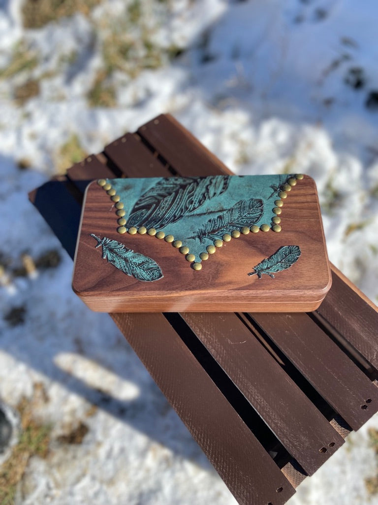 Walnut Turquoise Feather Jewelry Box - Large