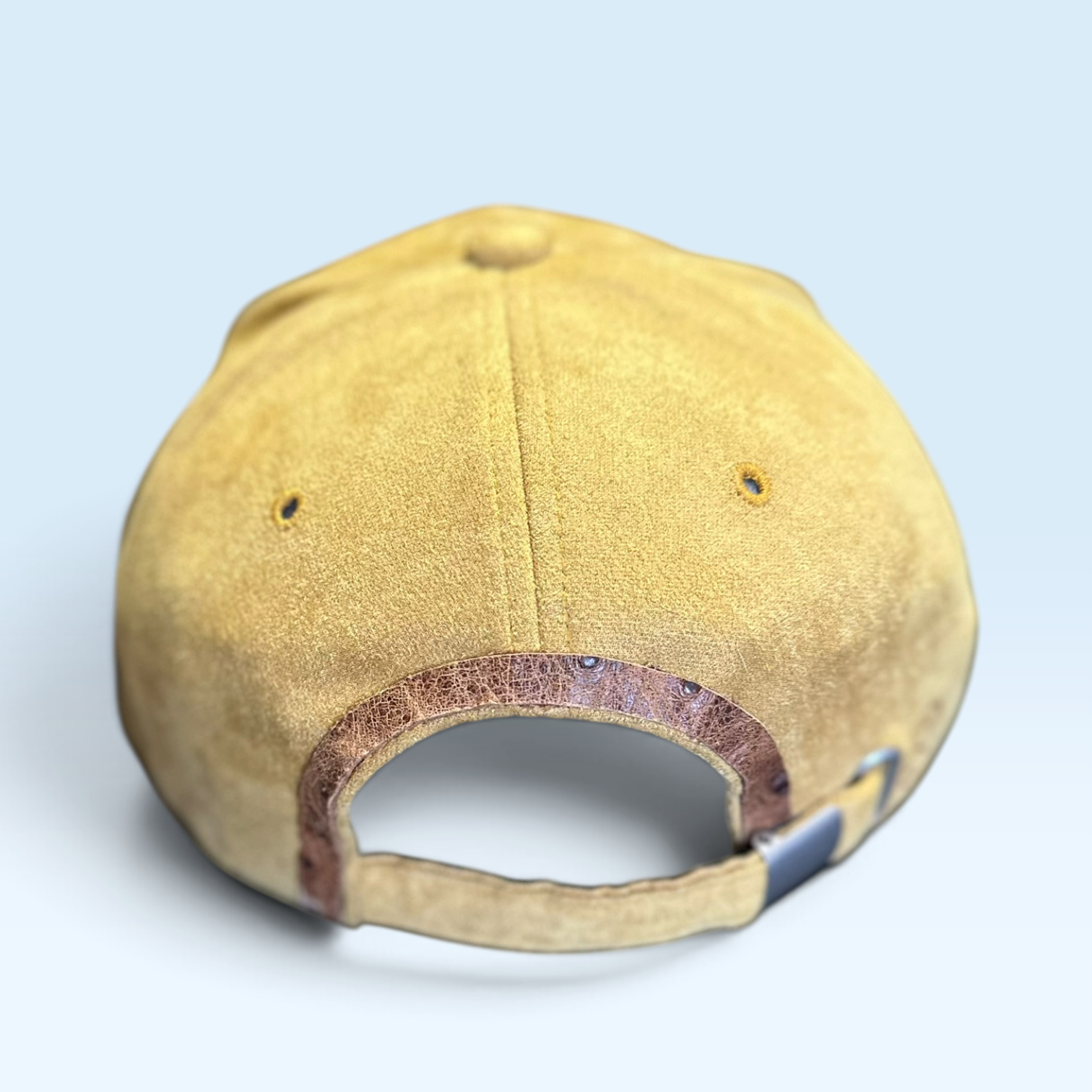 A close-up rear view of a tan suede baseball cap on a light blue background.